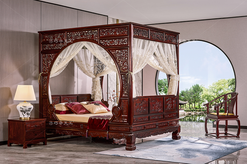 花鳥雙月洞門架子床